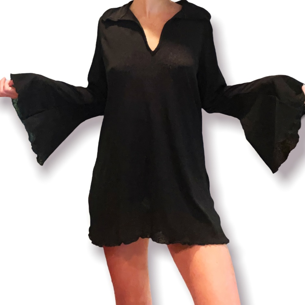 Semi-sheer black bell sleeve top/ cover up